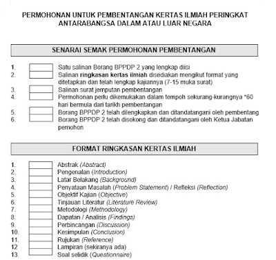 Senarai Semak Permohonan Pembentangan Kertas Ilmiah Peringkat Antarabangsa