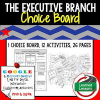 Civics and Government Digital Learning Choice Boards, Google Lessons, Executive Branch