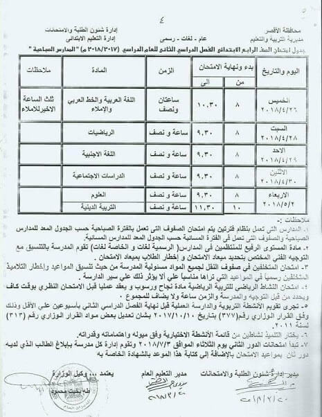 جدول امتحانات الصف الرابع الابتدائي 2018 الترم الثاني محافظة الاقصر جدول امتحانات الصف الرابع الابتدائي 2018 الترم الثاني محافظة الاقصر
