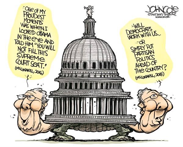 Image:  Mitch McConnell as a turtle with two heads with the Capitol Dome as his shell.  One head says, 