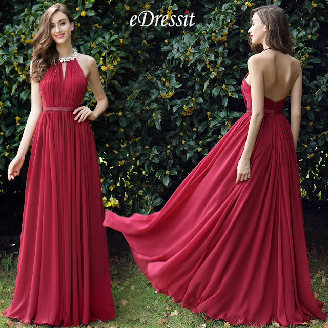 Burgundy Pleated Halter Formal Evening Dress