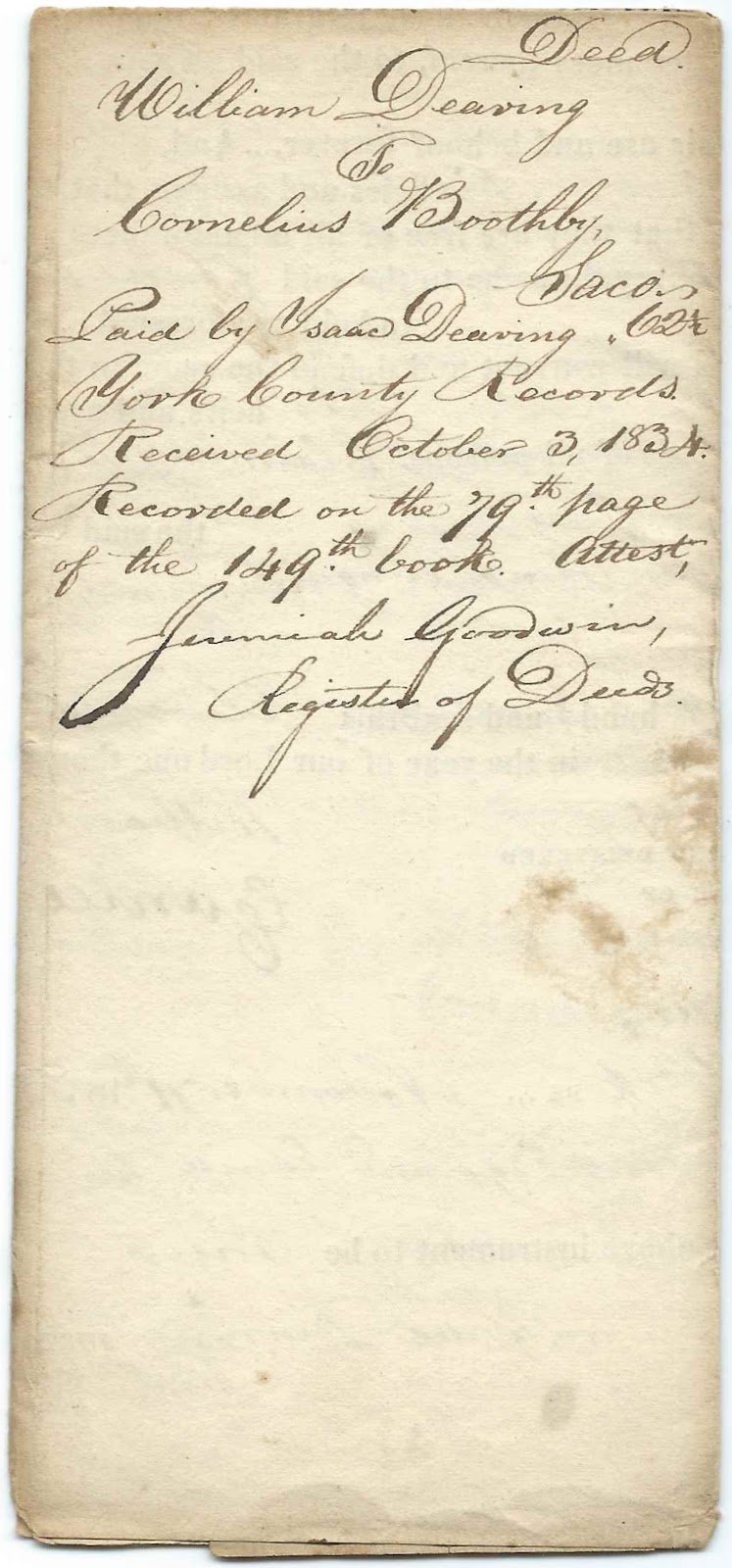Heirlooms Reunited 1833 Deed, Saco, Maine William Dearing of
