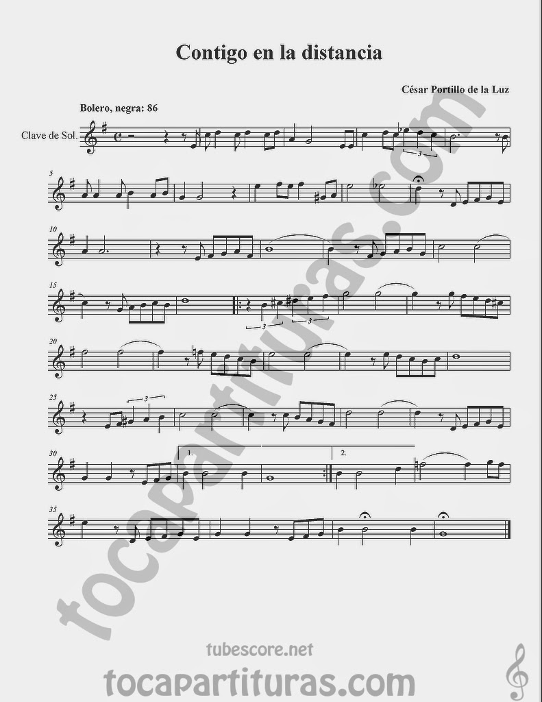 Contigo a la Distancia Partituras en Clave de Sol de Flauta, Violín, Saxo Alto, Oboe, Trompeta, Saxofón Tenor, Soprano Sax, Clarinete, Trompeta, Cornos, Trompa, Barítono, Voz... Sheet Music in treble clef for violin, flute, alto saxophone, trumpet, clarinet, horn, flugelhorn, baritone, voice... 