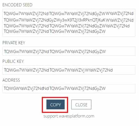 Contraseña secreta WAVES Seed copiar Configurar Wallet WAVES Monedero