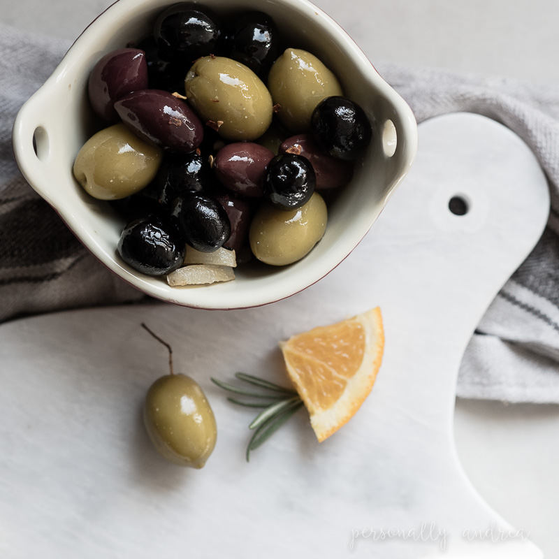 Homemade Gourmet Olives |  Add gourmet flavors like rosemary and orange to store-bought olives and serve them up at your next party | personallyandrea.com 