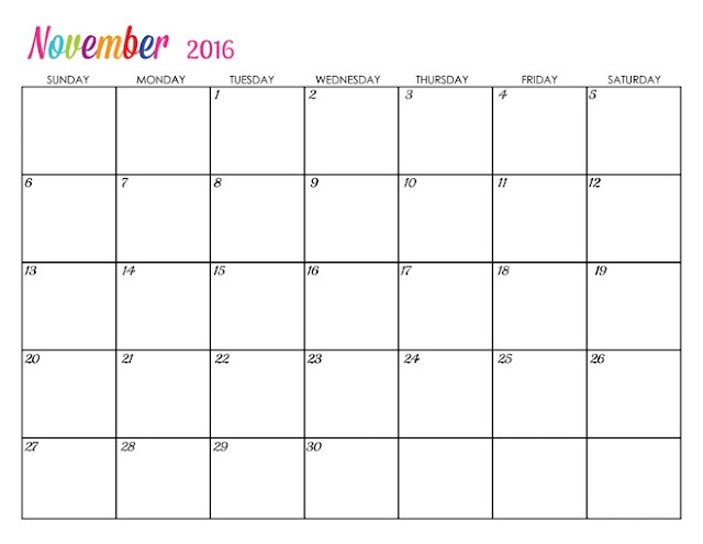 November 2016 Printable Calendar Landscape, November 2016 Blank Calendar, November 2016 Planner Cute, November 2016 Calendar Download Free