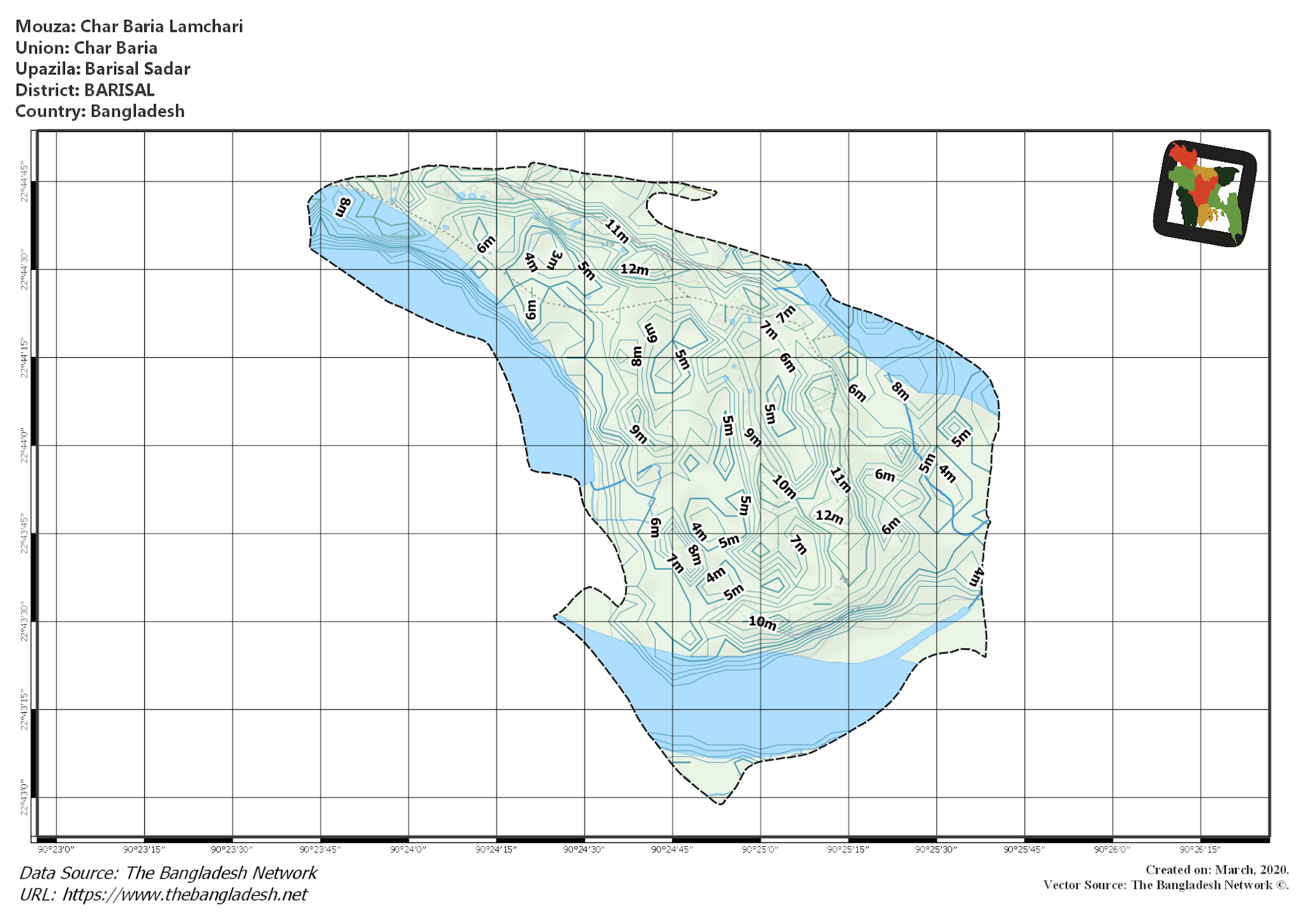 Map of Char Baria Lamchari Mouza of Barisal Sadar Upazila, BARISAL, Bangladesh.