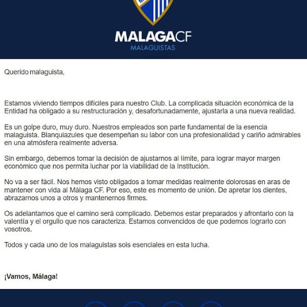 Málaga, carta del club a la afición: "Es momento de apretar los dientes"