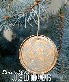 Recycled Christmas Craft- make ornaments from juice lids, paper, and spray paint: Grow Creative