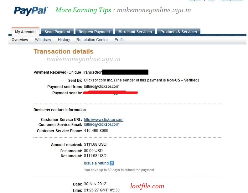 Clicksor payment proof of  November 2012 - $111