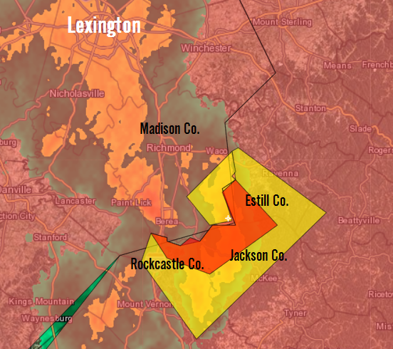 Intellicast radar of the Tornado Warning in Kentucky's Estill, Jackson, and Rockcastle counties at 4:45 P.M. Eastern Time on May 24th, 2017 Intellicast radar of the Tornado Warning in Kentucky's Estill, Jackson, and Rockcastle counties at 4:45 P.M. Eastern Time on May 24th, 2017