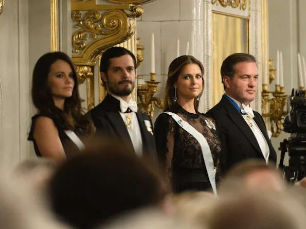 Queen Silvia, Crown Princess Victoria, Princess Sofia, Princess Madeleine wore lace gown, diamond earrings, gold earrings