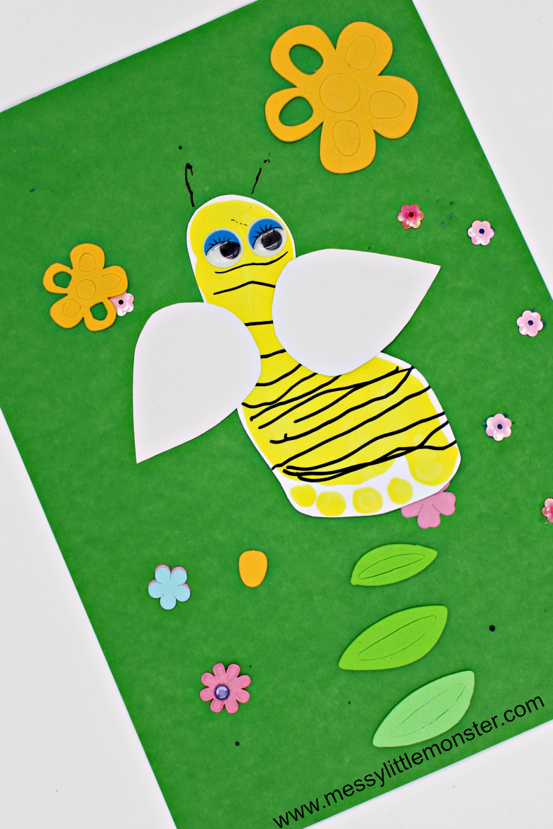 A bumble bee footprint craft for preschoolers and toddlers. This easy bug art activity is great for Spring, bug and minibeast themed kids projects.