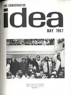 Image of cover of the May 1967 Conservative Idea. The cover image shows five African American students standing up in the crowd.