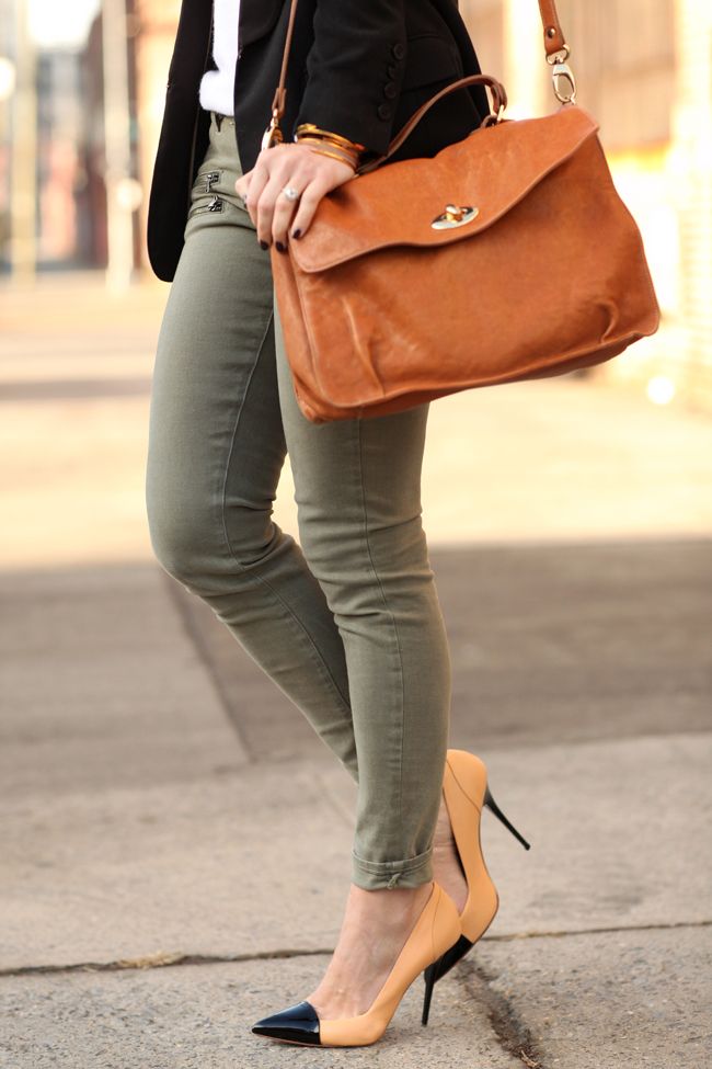 Military pants, blazer and color block heels. | Just a Pretty Style