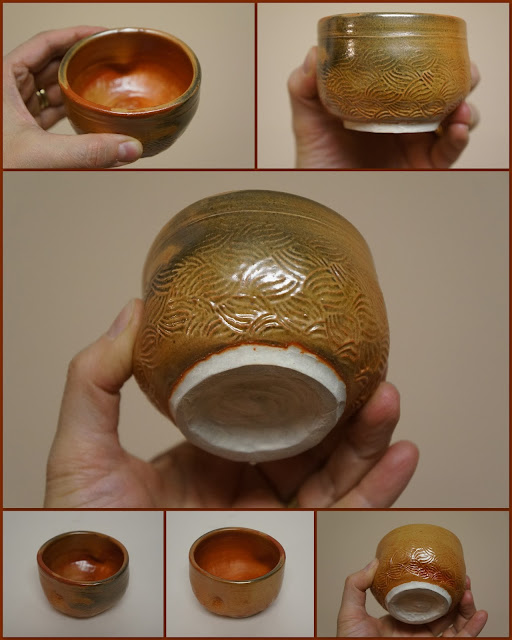 Pottery guinomi or whiskey or tea cup in Carbon Trap Shino by Lily L.