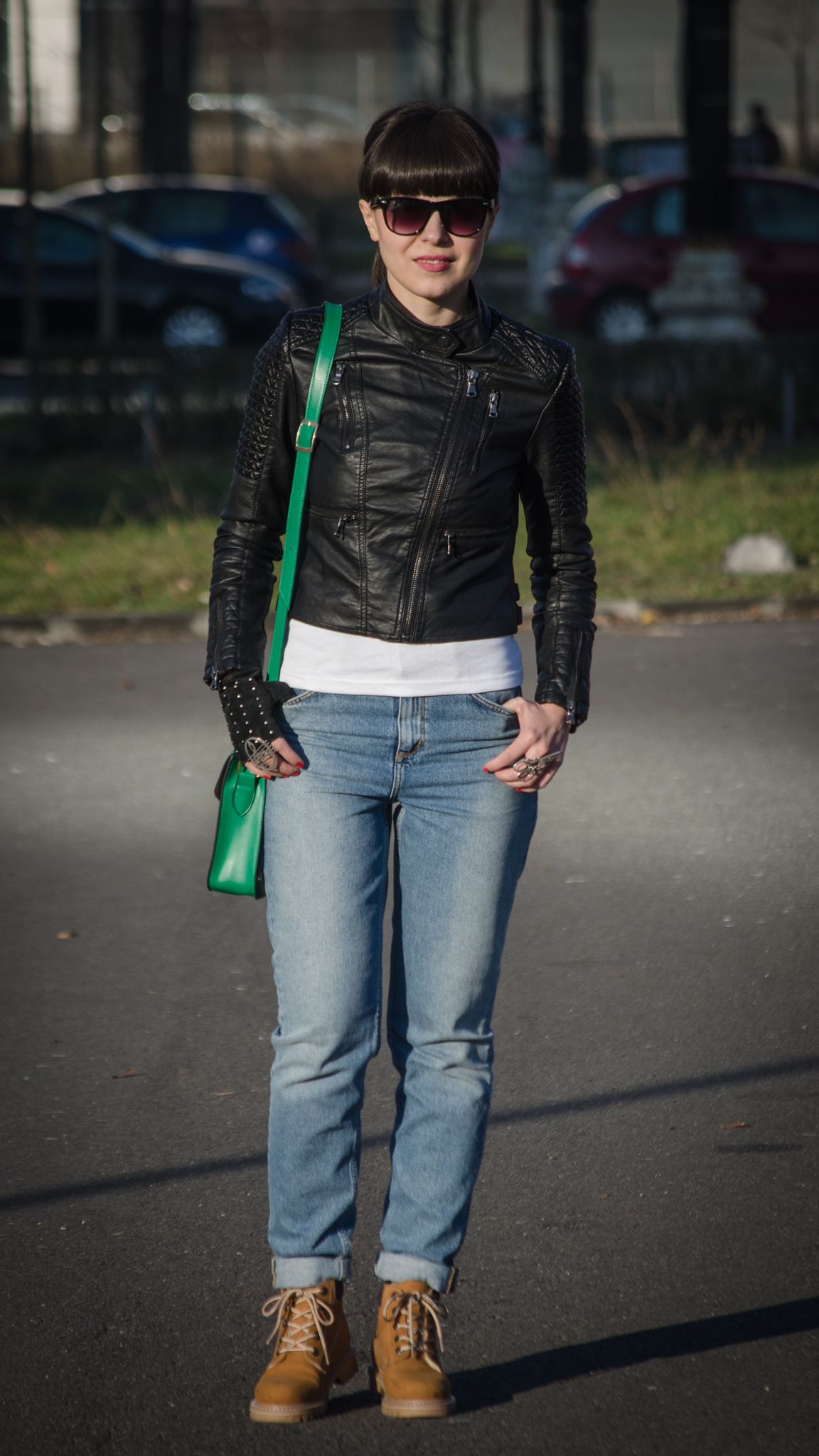 leather jacket new yorker green satchel bag tonka jeans mom jeans h&m worker camel boots romanian producer green white sheinside top bangs rocking rocker coca-cola dog tag