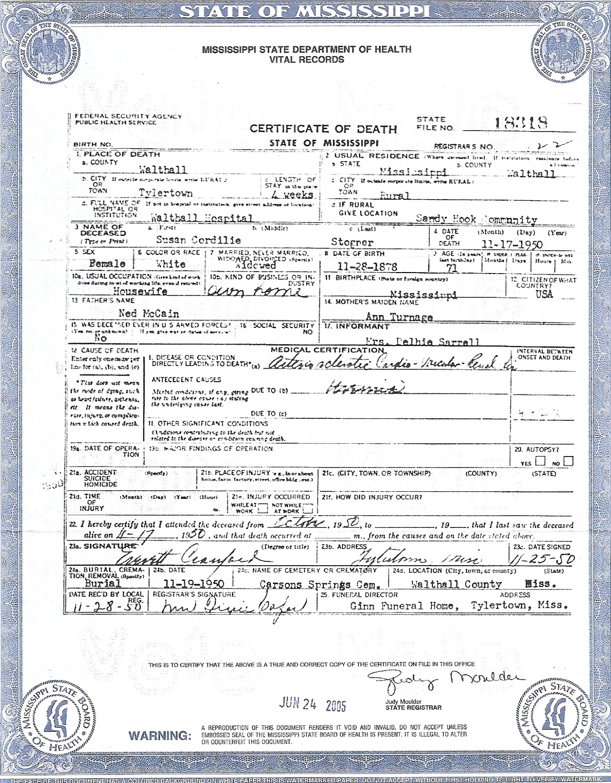 The Family Snoop: Death Certificate: Susan Cordelia McCain Stogner