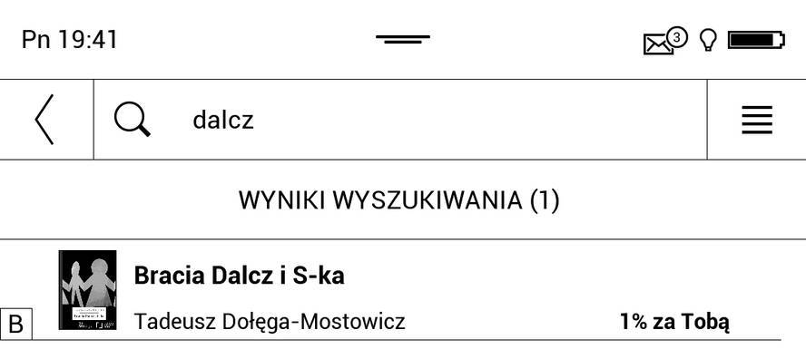 Wyniki wyszukiwania e-booka w bibliotece PocketBook Touch HD 3