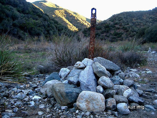 Dagger Flat is a wide area in Pacoima Canyon. There is a metal marker lin a rock pile there.