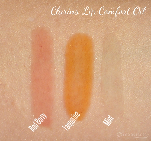 clarins instant light lip comfort oil swatches red berry tangerine mint