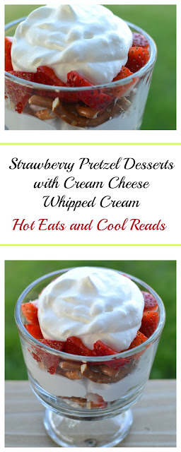 A perfect no bake summertime dessert that everyone loves! Ready in less than 10 minutes! Individual Strawberry Pretzel Desserts with Cream Cheese Whipped Cream from Hot Eats and Cool Reads!