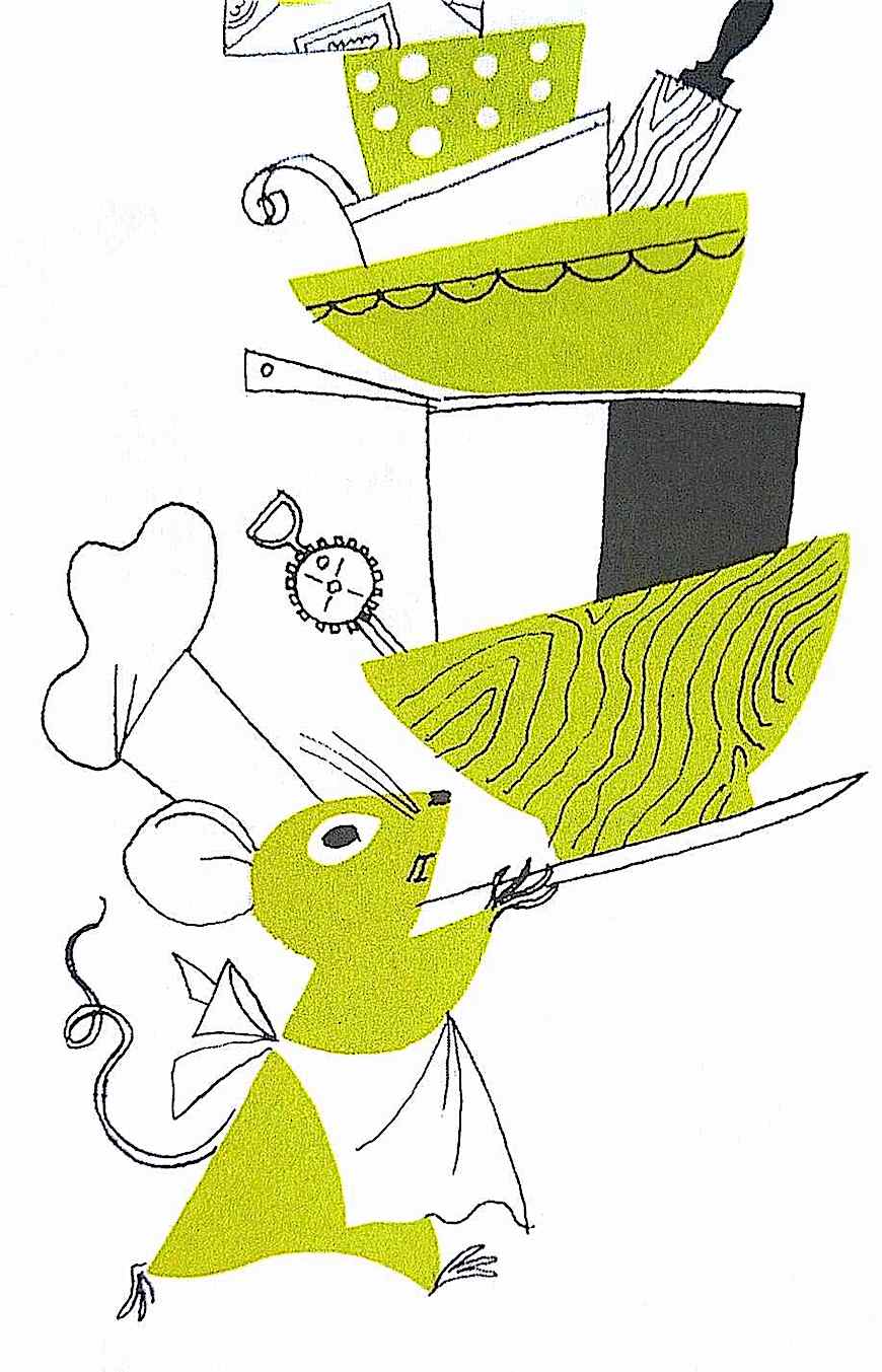Alice and Martin Provensen an Alice and Martin Provensen children's book illustration of a mouse chef carrying a stack of bowls and pots