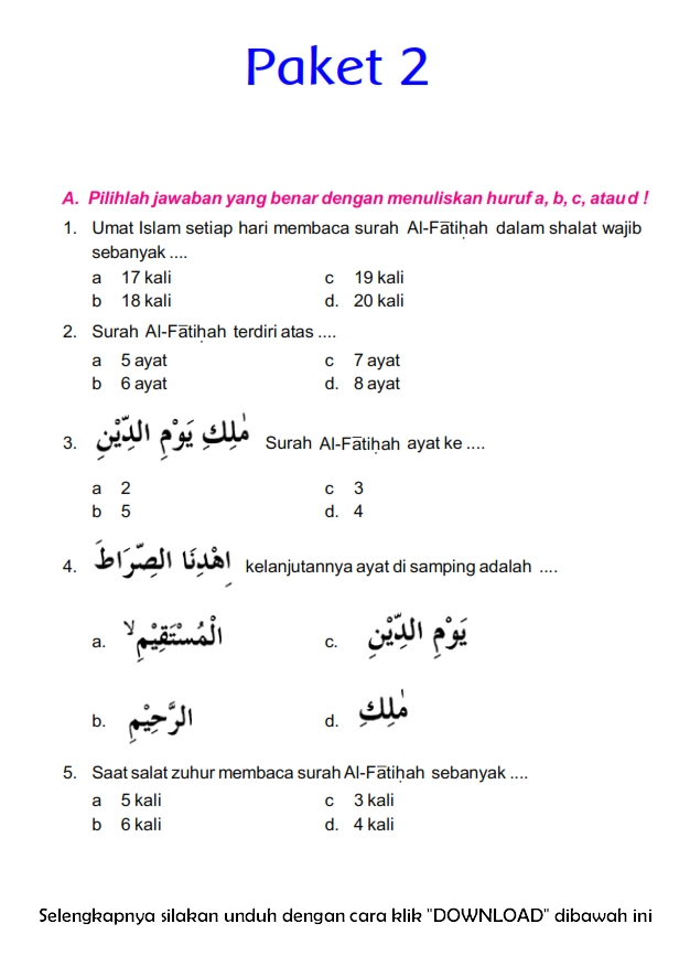 Download Soal UTS Ganjil Pendidikan Agama Islam Kelas 4 Semester 1 2015