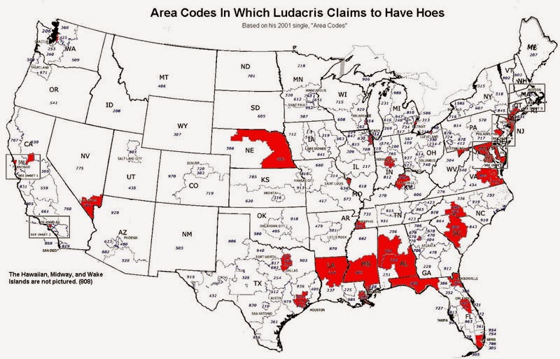 40 Maps That Will Help You Make Sense of the World - Area Codes in Which Ludacris Claims to Have H es (song reference)