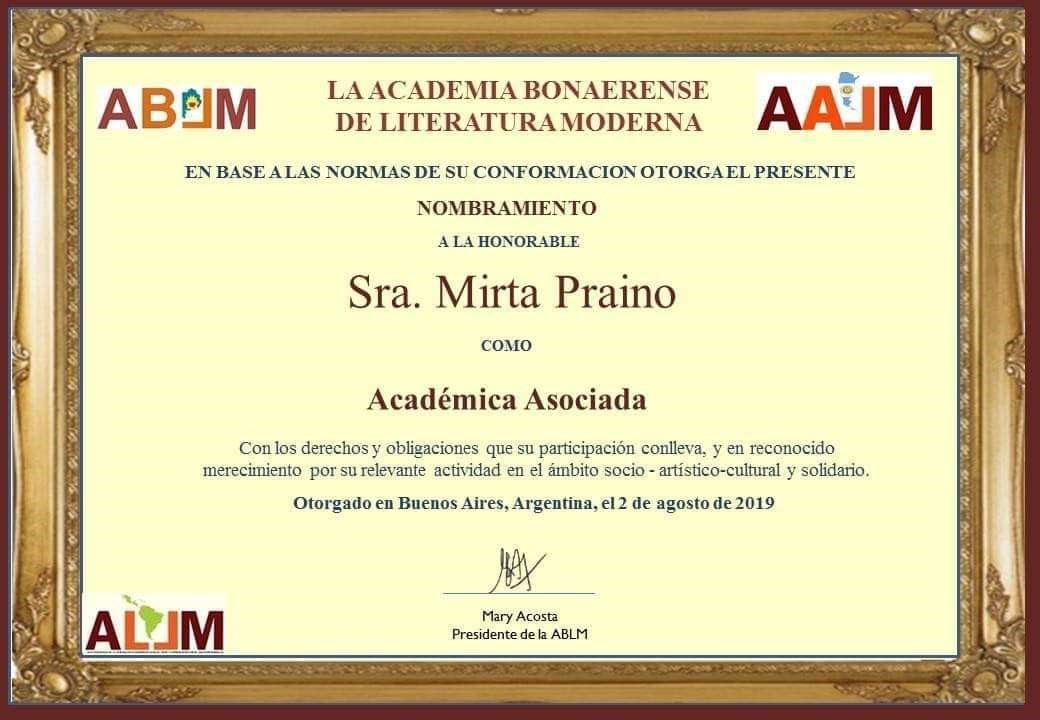 Mirta Praino Nombrada Academica Asociada a la Academia Bonaerense de Literatura Moderna