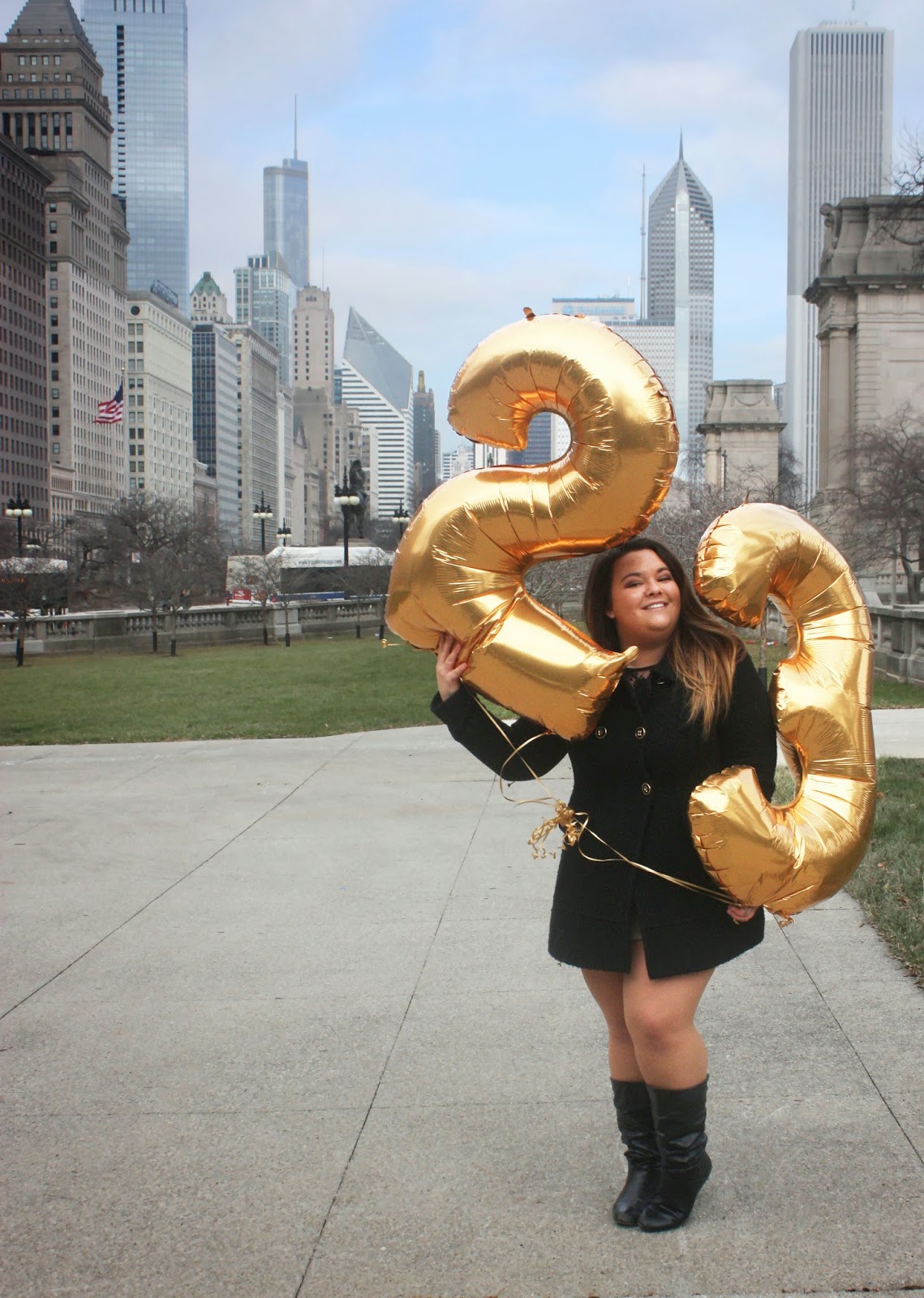 fatshion, fashion blogger, fat girl fashion, happy birthday, gold number balloons,  feeling 22, 23rd birthday, natalie craig, natalie in the city, betsey Johnson coat, skirt, thick girls, plus size fashion blogger, inspirational, college graduate, columbia college chicago, USA today, steve harvey show, embrace your curves