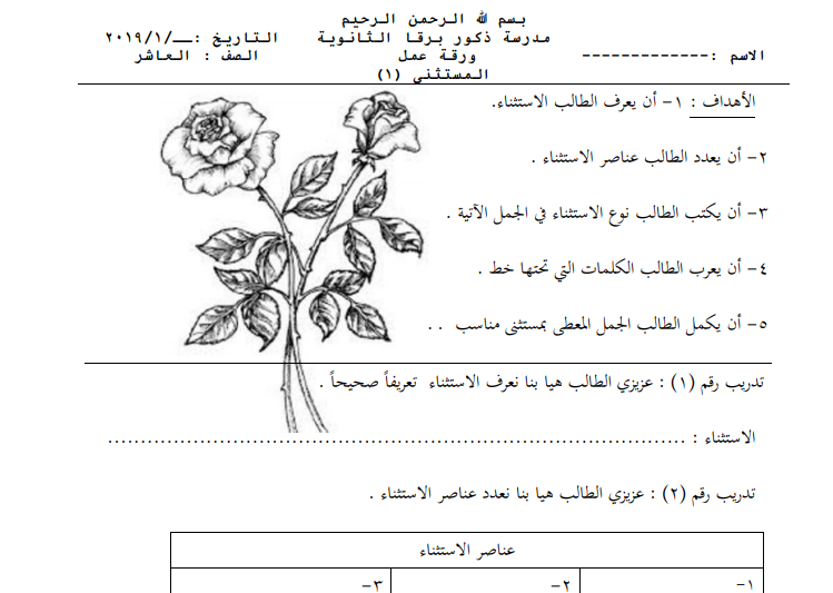 ورقة عمل لدرس المستثنى 1 للصف العاشر الفصل الثاني المكتبة الفلسطينية الشاملة