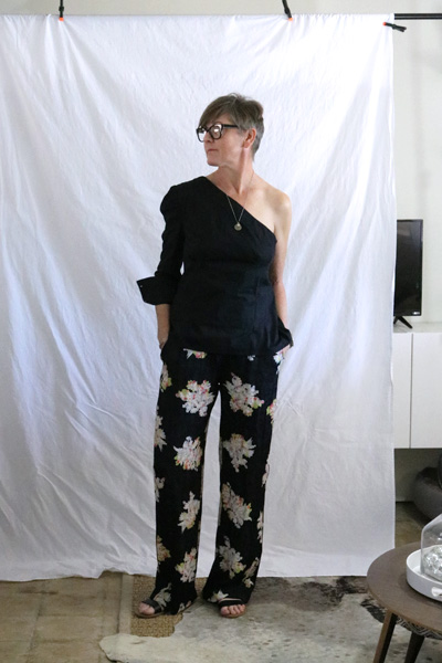 One Shoulder with Floral Pants @BeverlyandBlue one shoulder blouse floral silk pants