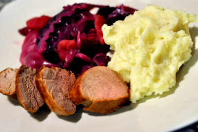 Beer-Marinated Pork Tenderloin with Red Cabbage and Mashed Potatoes - Photo by Taste As You Go