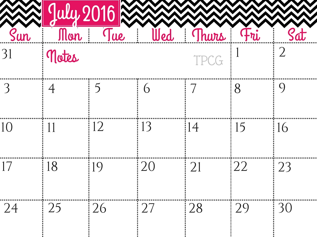 Free Printable July 2016 Calendar - FREE DOWNLOAD