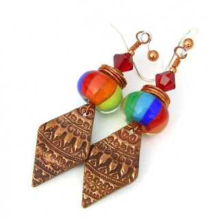 Colorful handmade Vivace dangle earrings! rainbow lampwork and copper jewelry for women