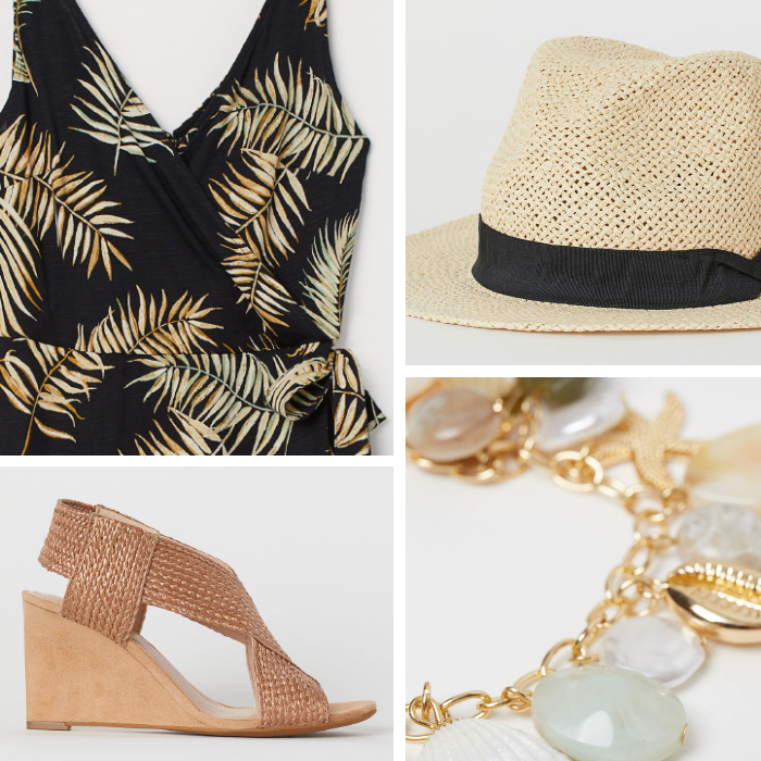 palm print wrap dress, seashell charm bracelet, panama hat, wedge sandals, vacation outfit