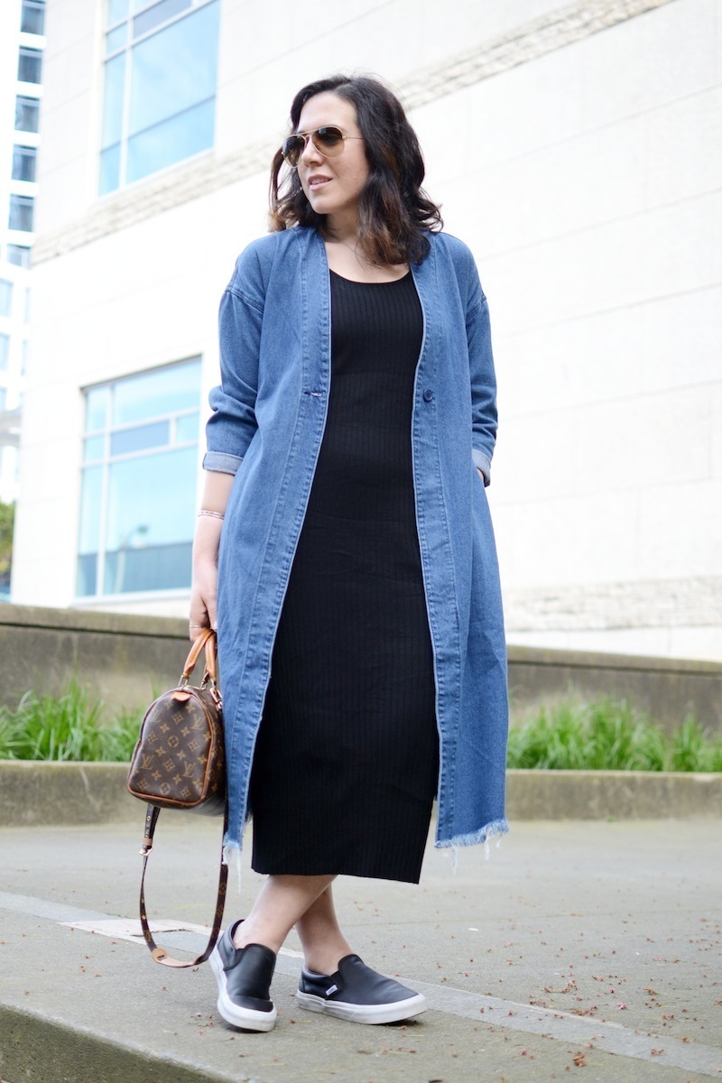 BooHoo Longline denim duster jacket torn hem spring style Vancouver fashion blogger