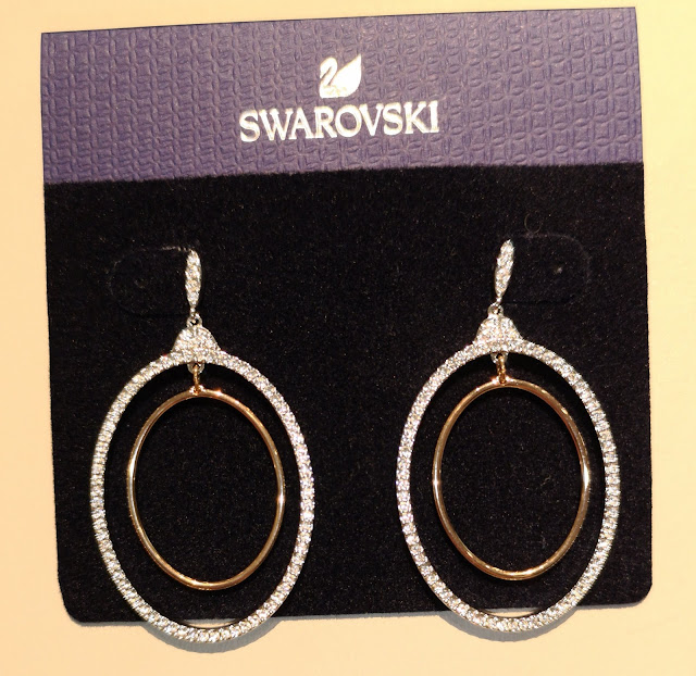 Orecchini pendenti Swarovski doppio cerchio in metallo bianco e rosato. Il cerchio esterno è tempestato di cristalli bianchi. A saldo.