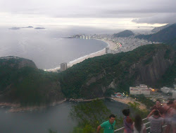 Copacobana Beach (top) at twilight from upper Sugarloaf Mtn landing, Rio de Janeiro