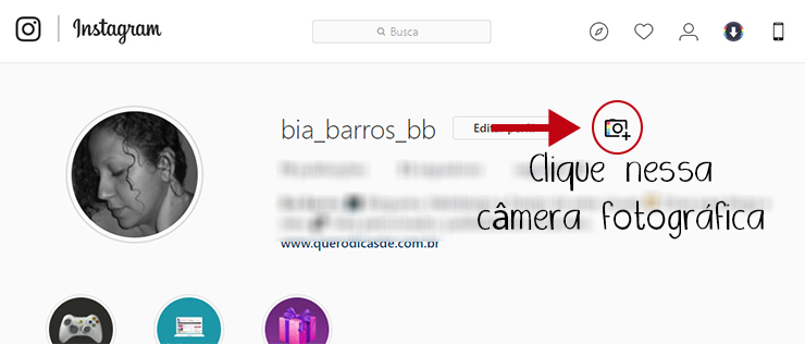 Clique sobre o ícone 'câmara' 'que aparece na página do Instagram web ícone câmera fotográfica na página do Instagram web