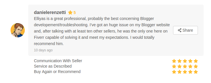 Daniele Orlando Renzetti left his feedback on Fiverr about my performance.