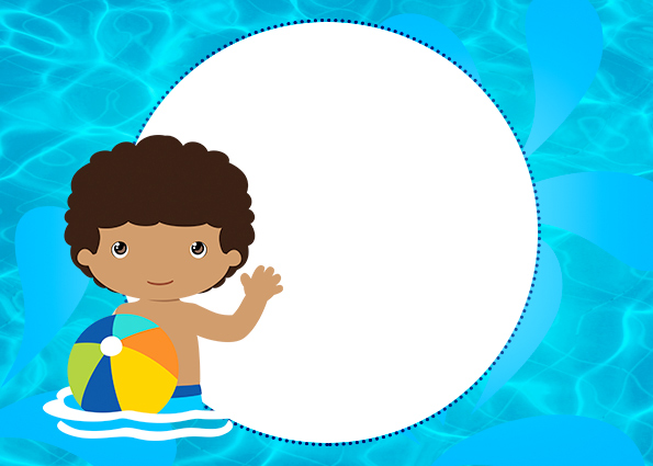 Fiesta en la Piscina, Niño Moreno: Invitaciones para Imprimir Gratis. Para hacer invitaciones, tarjetas, marcos de fotos o etiquetas de Fiesta en la Piscina, Niño Moreno para imprimir gratis.