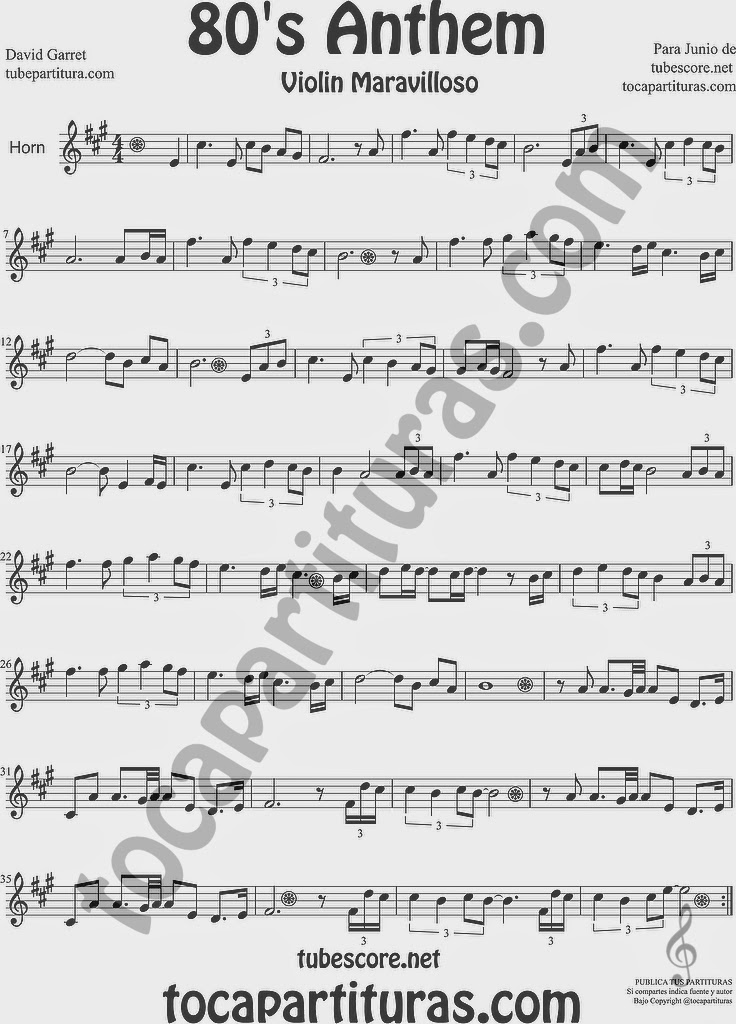 80's Anthem Partitura de Trompa y Corno Francés en Mi bemol Sheet Music for French Horn Music Scores