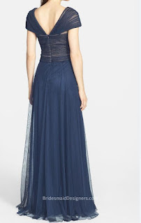 Pretty Navy Blue Long Sheer Tulle Cap Sleeve Bridesmaid Dress