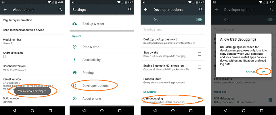USB Debugging Option -Android 5.0 Developer Options
