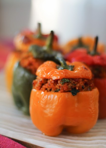Food Lust People Love: These colorful roasted peppers are stuffed with a hearty filling of nutty bulgur wheat and tomatoes, seasoned with onion, parsley and cilantro, perfect as a side dish or main course.