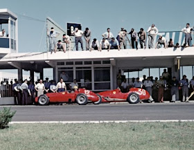 The pit lane at the Argentine Grand Prix of 1956, in which Musso, whose car is No 12, gained his only F1 win