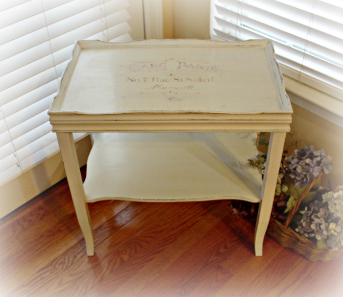 This side table was painted in Old White with a Parisian stencil applied to the top. Table painted Old White with Stencil