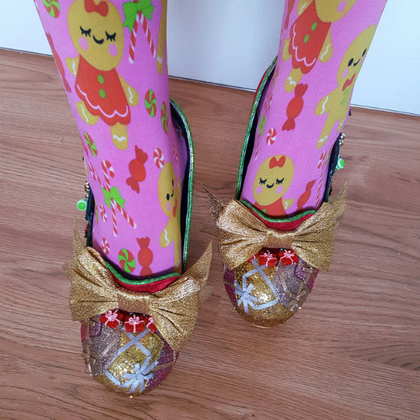 Irregular Choice Santas Globe wide heel gap close up showing slight gaping of shoe at heel when being worn